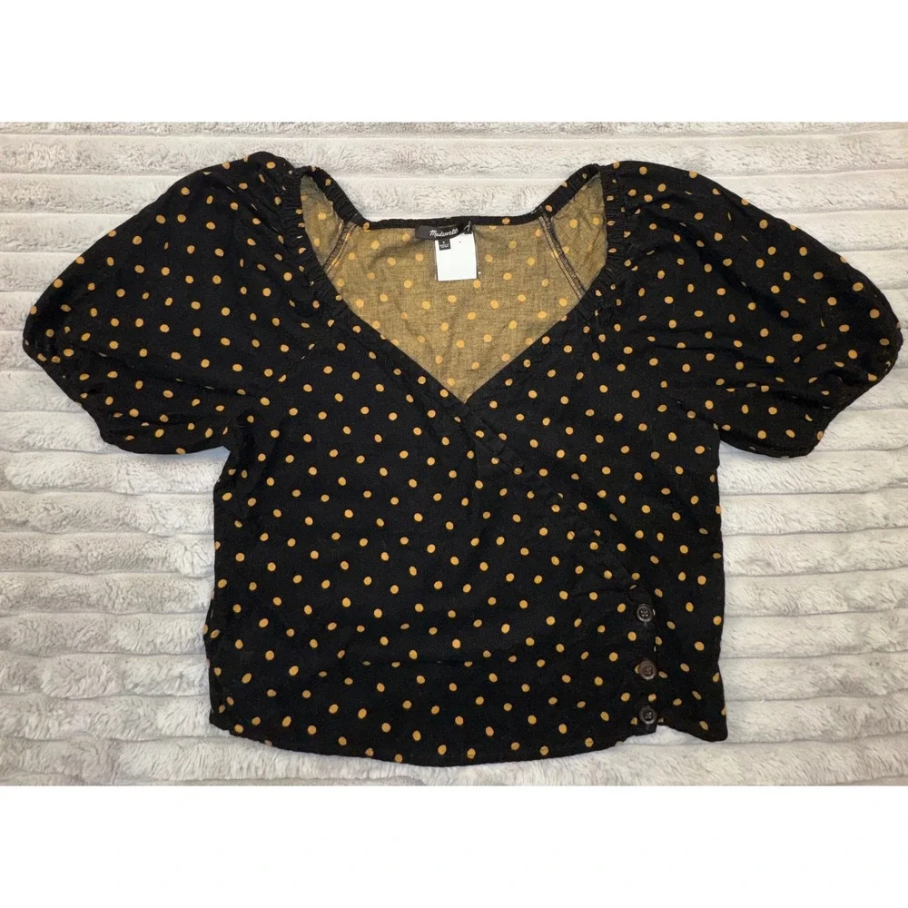 Madewell Womens Small Polka Dot Corduroy Faux Wrap Top Black Puff Sleeve Cottage